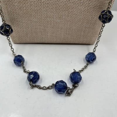 Vintage Blue Green Station Necklace Faceted Glass Beads Silver Tone Chain 18" - Thumbnail 3
