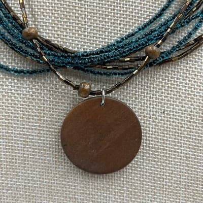 Vintage Multi Strand Teal Seed Bead Necklace Wood Pendant Layered Boho Statement - Thumbnail 3
