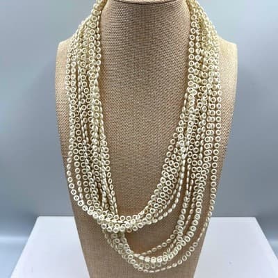 Vintage Multi Strand White Beaded Necklace Disc Ring Beads Layered Statement - Image 1