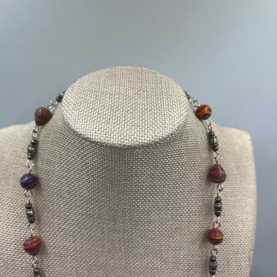 Vintage Multicolor Striped Bead Station Necklace Long Chain Boho Retro Statement - Thumbnail 2