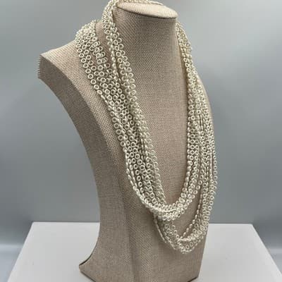 Vintage Multi Strand White Beaded Necklace Disc Ring Beads Layered Statement - Thumbnail 5