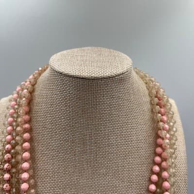 Vintage Multi Strand Beaded Necklace Pink Faceted Glass Long Layered Statement - Thumbnail 2