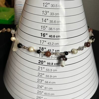 Vintage Beaded Necklace Mushroom Pendant Mixed Stone Glass Pearl Neutral Boho - Thumbnail 7