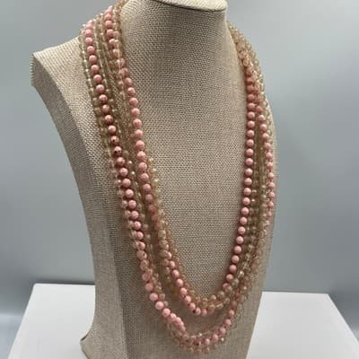 Vintage Multi Strand Beaded Necklace Pink Faceted Glass Long Layered Statement - Thumbnail 4