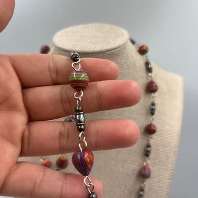 Vintage Multicolor Striped Bead Station Necklace Long Chain Boho Retro Statement - Thumbnail 3