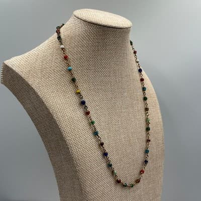 Vintage Multicolor Glass Bead Chain Station Necklace Gold Tone 22" Minimalist - Thumbnail 4