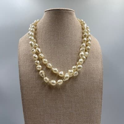 Vintage Faux Baroque Pearl Double Strand Necklace Cream Irregular Beads - Thumbnail 4