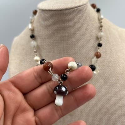 Vintage Beaded Necklace Mushroom Pendant Mixed Stone Glass Pearl Neutral Boho - Thumbnail 5