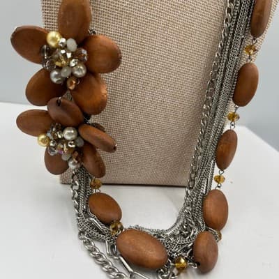 Vintage Brown Silver Tone Multi Strand Chain Necklace Wood Bead Floral Statement - Thumbnail 3