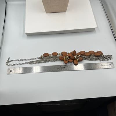 Vintage Brown Silver Tone Multi Strand Chain Necklace Wood Bead Floral Statement - Thumbnail 5