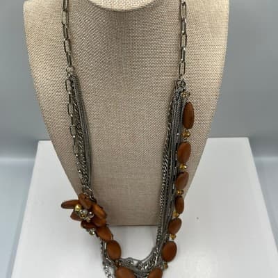 Vintage Brown Silver Tone Multi Strand Chain Necklace Wood Bead Floral Statement - Thumbnail 4