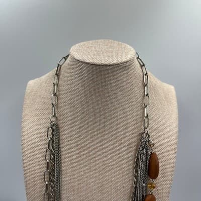 Vintage Brown Silver Tone Multi Strand Chain Necklace Wood Bead Floral Statement - Thumbnail 2