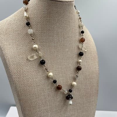 Vintage Beaded Necklace Mushroom Pendant Mixed Stone Glass Pearl Neutral Boho - Thumbnail 6