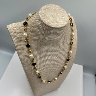 Vintage Black Stone & Faux Pearl Link Necklace Gold Tone Station Chain 22" Retro - Thumbnail 6