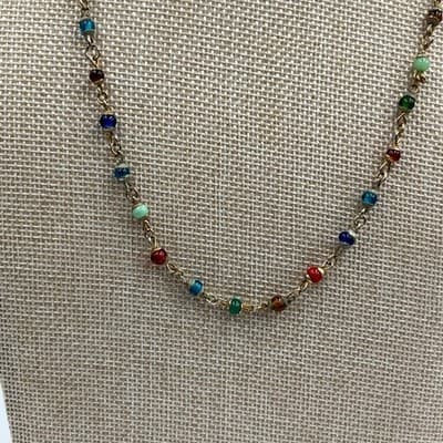 Vintage Multicolor Glass Bead Chain Station Necklace Gold Tone 22" Minimalist - Thumbnail 3