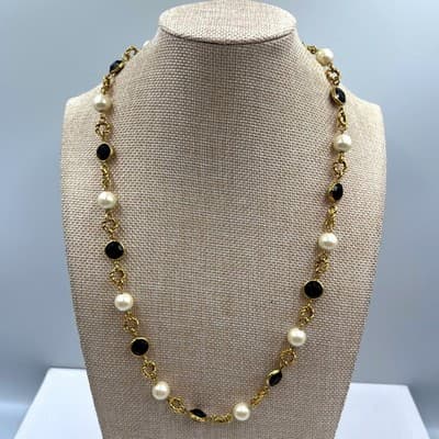 Vintage Black Stone & Faux Pearl Link Necklace Gold Tone Station Chain 22" Retro - Image 1