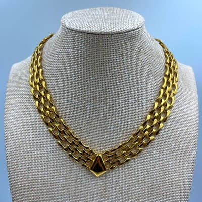 Vintage Gold Tone Multi Strand Link Necklace Enamel Geometric Center Statement - Image 1