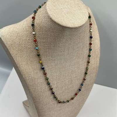Vintage Multicolor Glass Bead Chain Station Necklace Gold Tone 22" Minimalist - Thumbnail 5