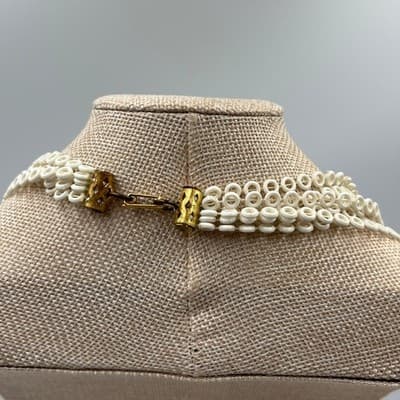 Vintage Multi Strand White Beaded Necklace Disc Ring Beads Layered Statement - Thumbnail 6