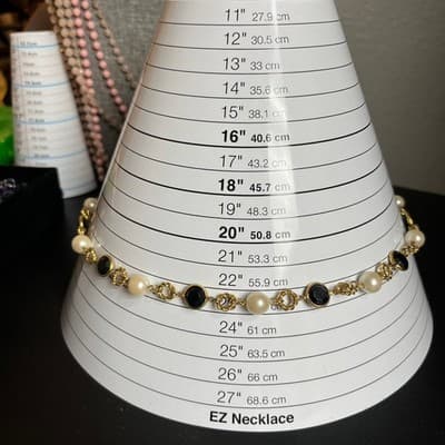 Vintage Black Stone & Faux Pearl Link Necklace Gold Tone Station Chain 22" Retro - Thumbnail 7