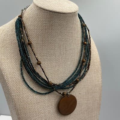 Vintage Multi Strand Teal Seed Bead Necklace Wood Pendant Layered Boho Statement - Thumbnail 4