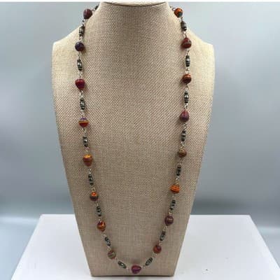 Vintage Multicolor Striped Bead Station Necklace Long Chain Boho Retro Statement - Image 1