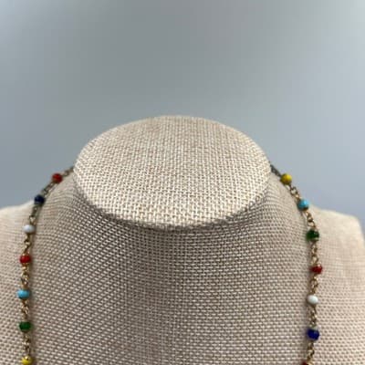 Vintage Multicolor Glass Bead Chain Station Necklace Gold Tone 22" Minimalist - Thumbnail 2