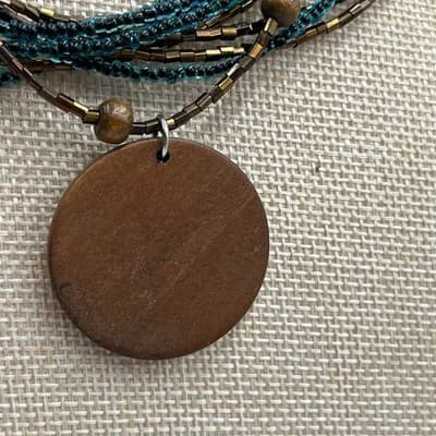 Vintage Multi Strand Teal Seed Bead Necklace Wood Pendant Layered Boho Statement - Thumbnail 6