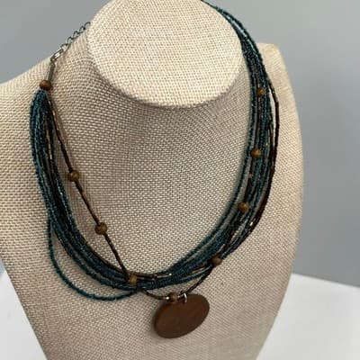 Vintage Multi Strand Teal Seed Bead Necklace Wood Pendant Layered Boho Statement - Thumbnail 5