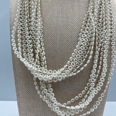 Vintage Multi Strand White Beaded Necklace Disc Ring Beads Layered Statement - Thumbnail 3
