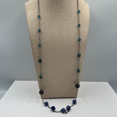 Vintage Blue Green Station Necklace Faceted Glass Beads Silver Tone Chain 18" - Thumbnail 4