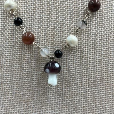 Vintage Beaded Necklace Mushroom Pendant Mixed Stone Glass Pearl Neutral Boho - Thumbnail 4