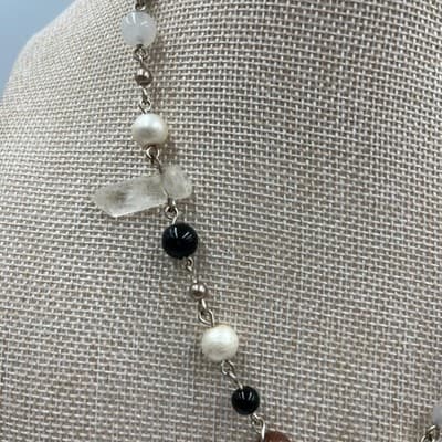 Vintage Beaded Necklace Mushroom Pendant Mixed Stone Glass Pearl Neutral Boho - Thumbnail 3