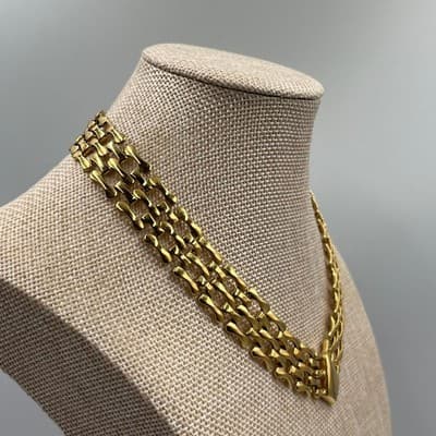 Vintage Gold Tone Multi Strand Link Necklace Enamel Geometric Center Statement - Thumbnail 4
