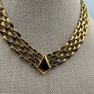 Vintage Gold Tone Multi Strand Link Necklace Enamel Geometric Center Statement - Thumbnail 3