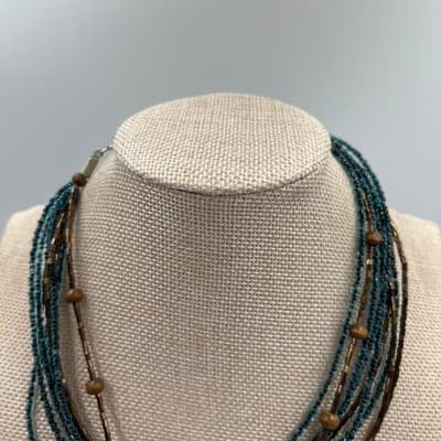 Vintage Multi Strand Teal Seed Bead Necklace Wood Pendant Layered Boho Statement - Thumbnail 2