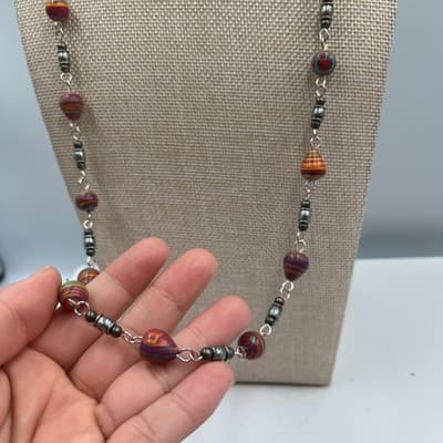 Vintage Multicolor Striped Bead Station Necklace Long Chain Boho Retro Statement - Thumbnail 4