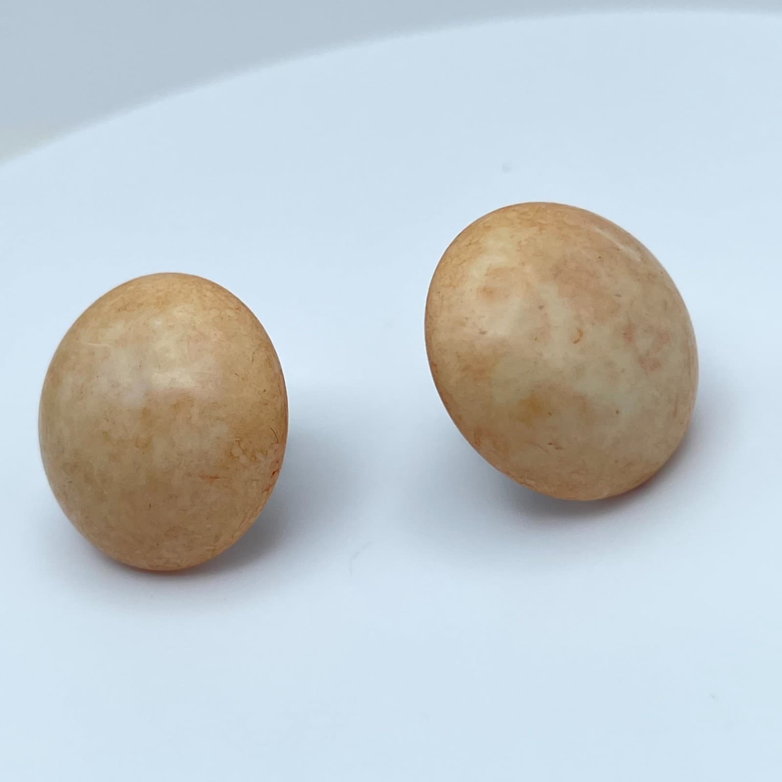 Vintage Circa 1980s Peach Spattered Classic Lucite Cabochon Button Stud Earrings - Image 1