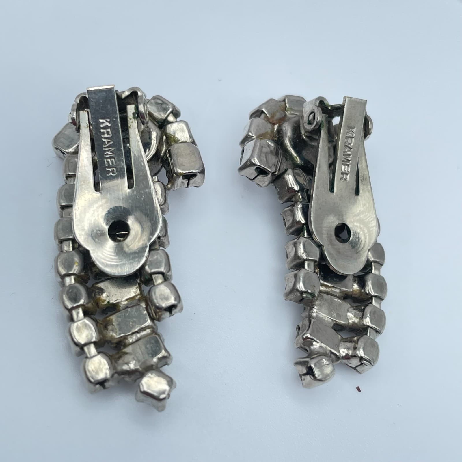 Vintage 90s Kramer Clear Rhinestone Dangle Earrings Silver Tone Women's Jewelry - Thumbnail 3