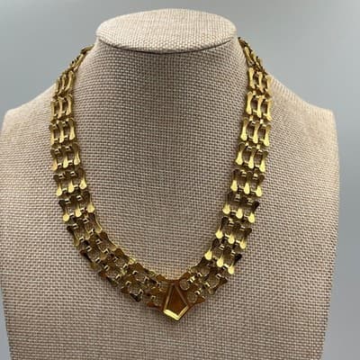 Vintage Gold Tone Multi Strand Link Necklace Enamel Geometric Center Statement - Thumbnail 5
