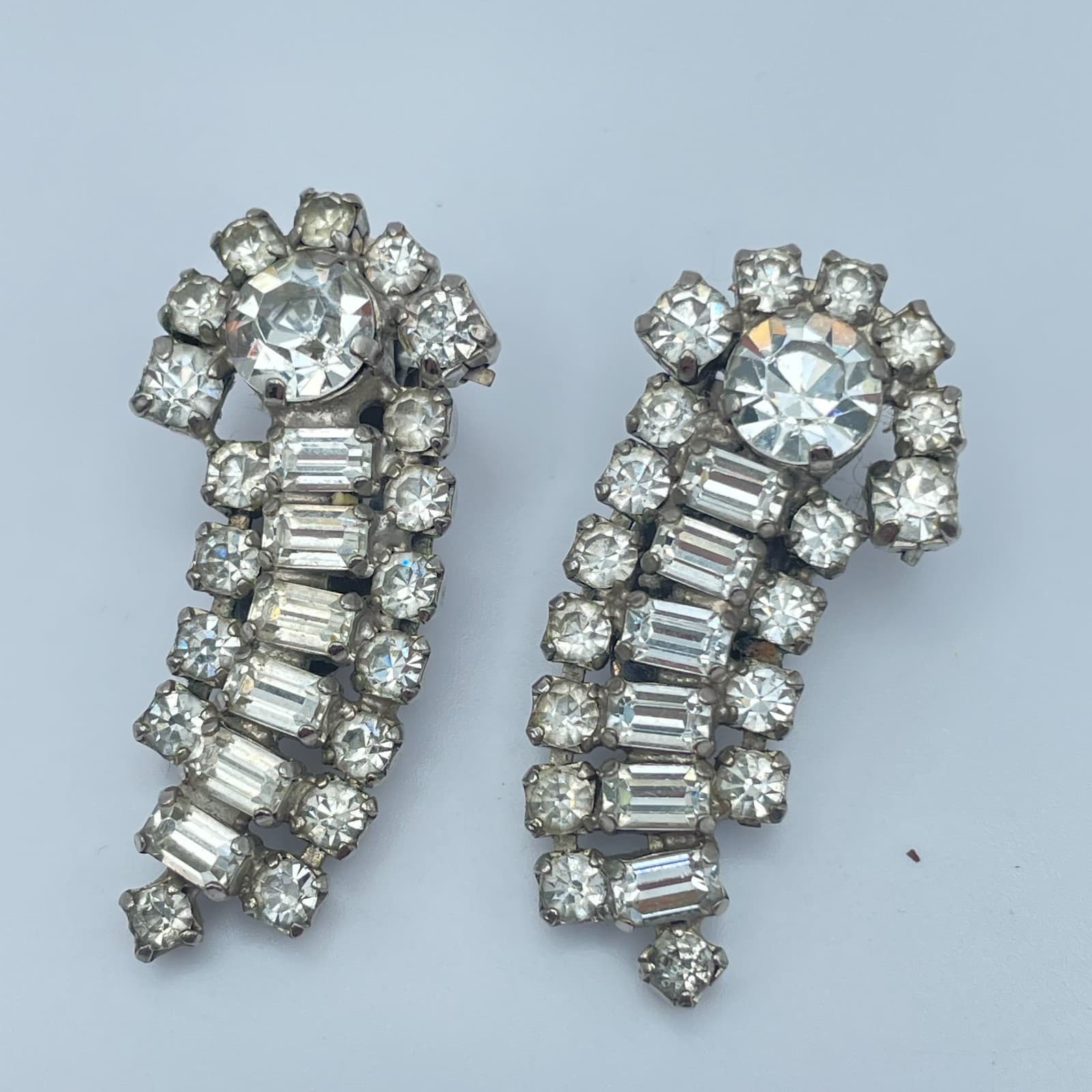 Vintage 90s Kramer Clear Rhinestone Dangle Earrings Silver Tone Women's Jewelry - Image 1