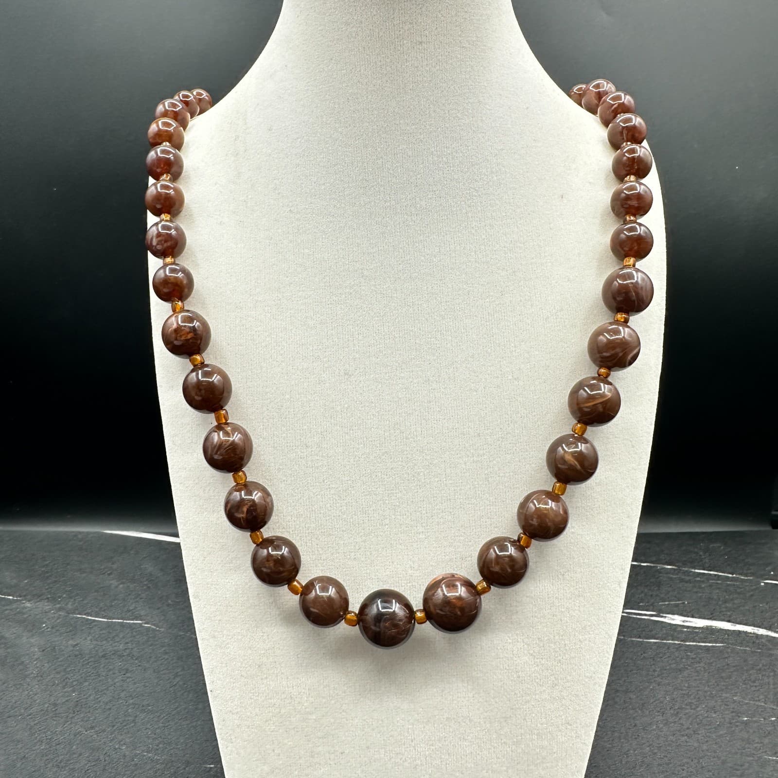 Vintage 90s Brown Swirl Lucite Beaded Necklace Chunky Dark Amber Glass Spacers - Image 1