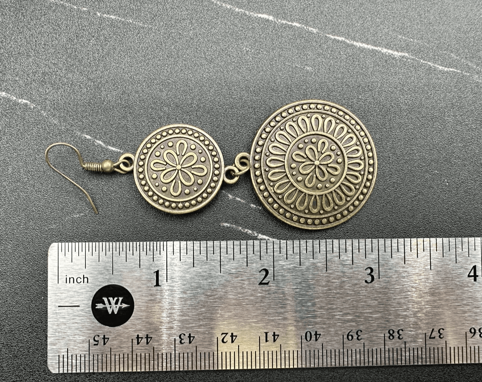 VTG 2 Tier Dangle Earrings Bronze Tone Metal Mandala Flower Disc Drop Boho Long - Thumbnail 2