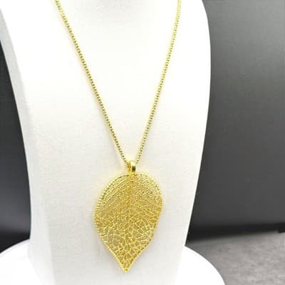 VTG Gold Leaf Filigree Pendant Necklace Boho Statement Chain Y2K Style - Thumbnail 7