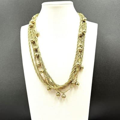 Vintage Gold Tone Multi-Chain Necklace Round Bead Dangle Statement - Image 1