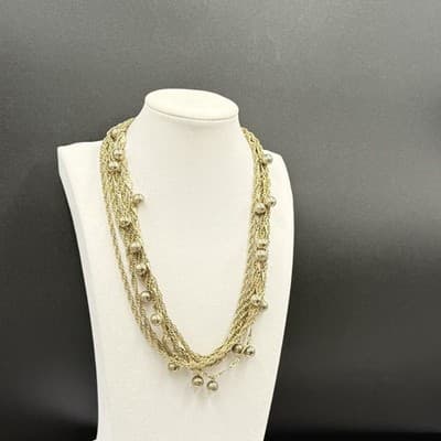 Vintage Gold Tone Multi-Chain Necklace Round Bead Dangle Statement - Thumbnail 4