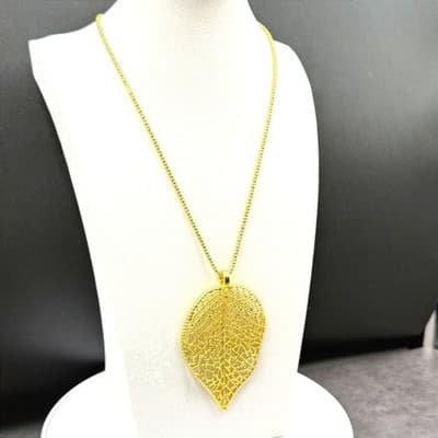 VTG Gold Leaf Filigree Pendant Necklace Boho Statement Chain Y2K Style - Thumbnail 6