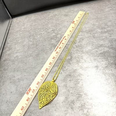 VTG Gold Leaf Filigree Pendant Necklace Boho Statement Chain Y2K Style - Thumbnail 11