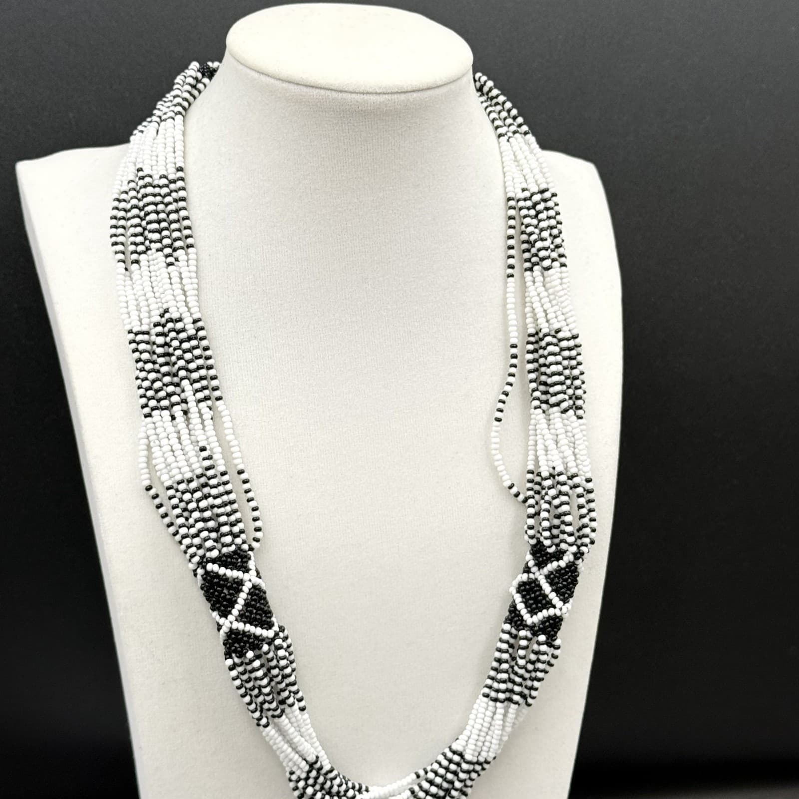 Vintage Black White Seed Bead Multi-Strand Necklace Tribal Boho Statement - Image 1