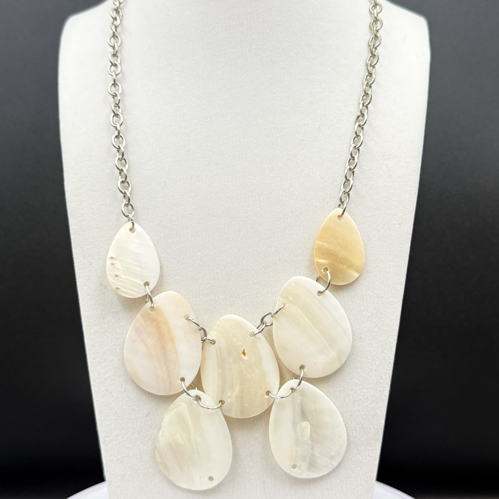 Vintage Cream Mother of Pearl Teardrop Bib Necklace Boho Statement - Thumbnail 11